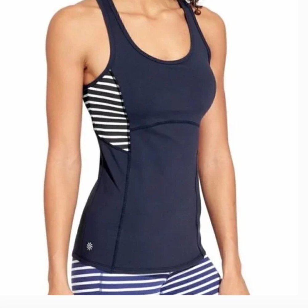 ** Athleta Stripe Support Top in Navy and White M 2 in 1 yoga